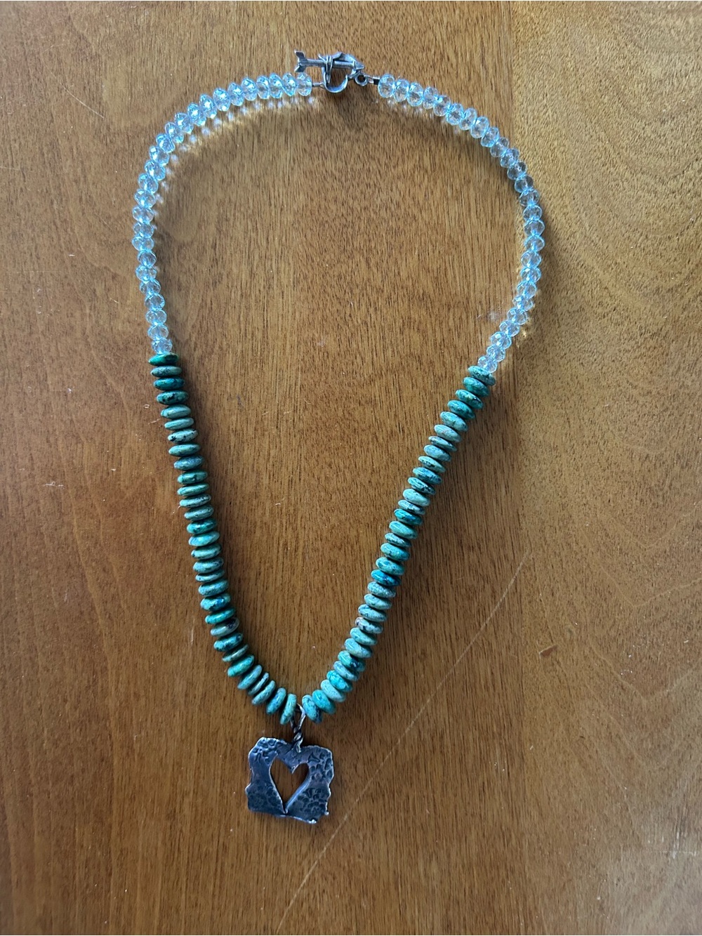 Turquoise Bead Necklace with Heart Pendant - Green Turquoise & Clear Beads